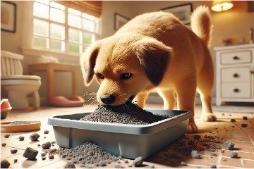 dog eating cat litter picture