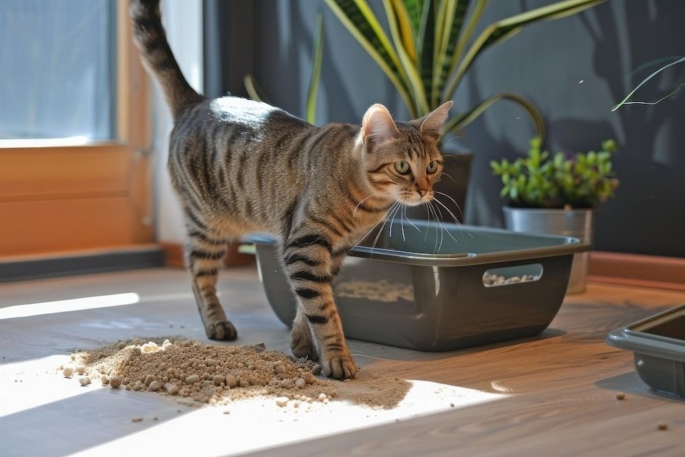 Stray cat using a litter box