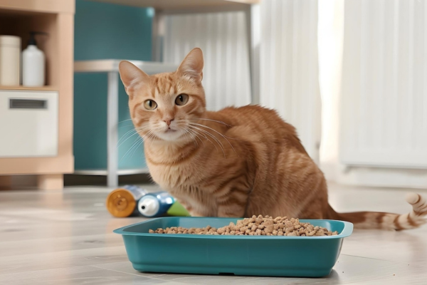 Stray cat using a litter box